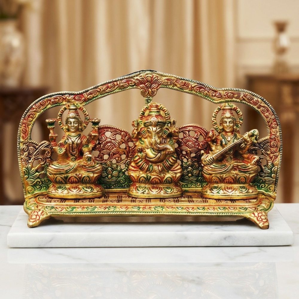Laxmi Ganesh Saraswati Murti Pair in Brass (Lgs), 5.2 inch, brass, Vedikcraft Moradabad