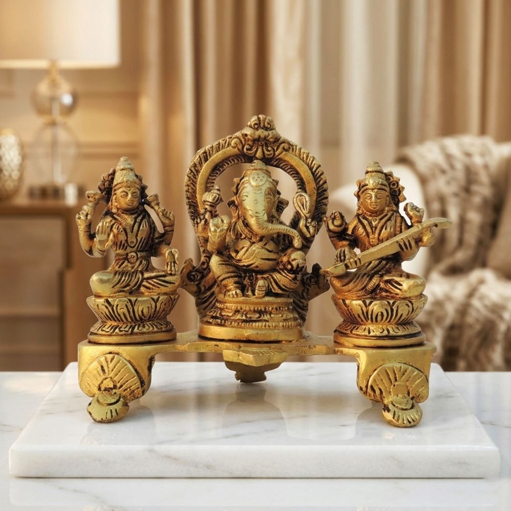 Laxmi Ganesh Saraswati Murti Pair in Brass (Lgs), 5.5 inch, brass, Vedikcraft Moradabad