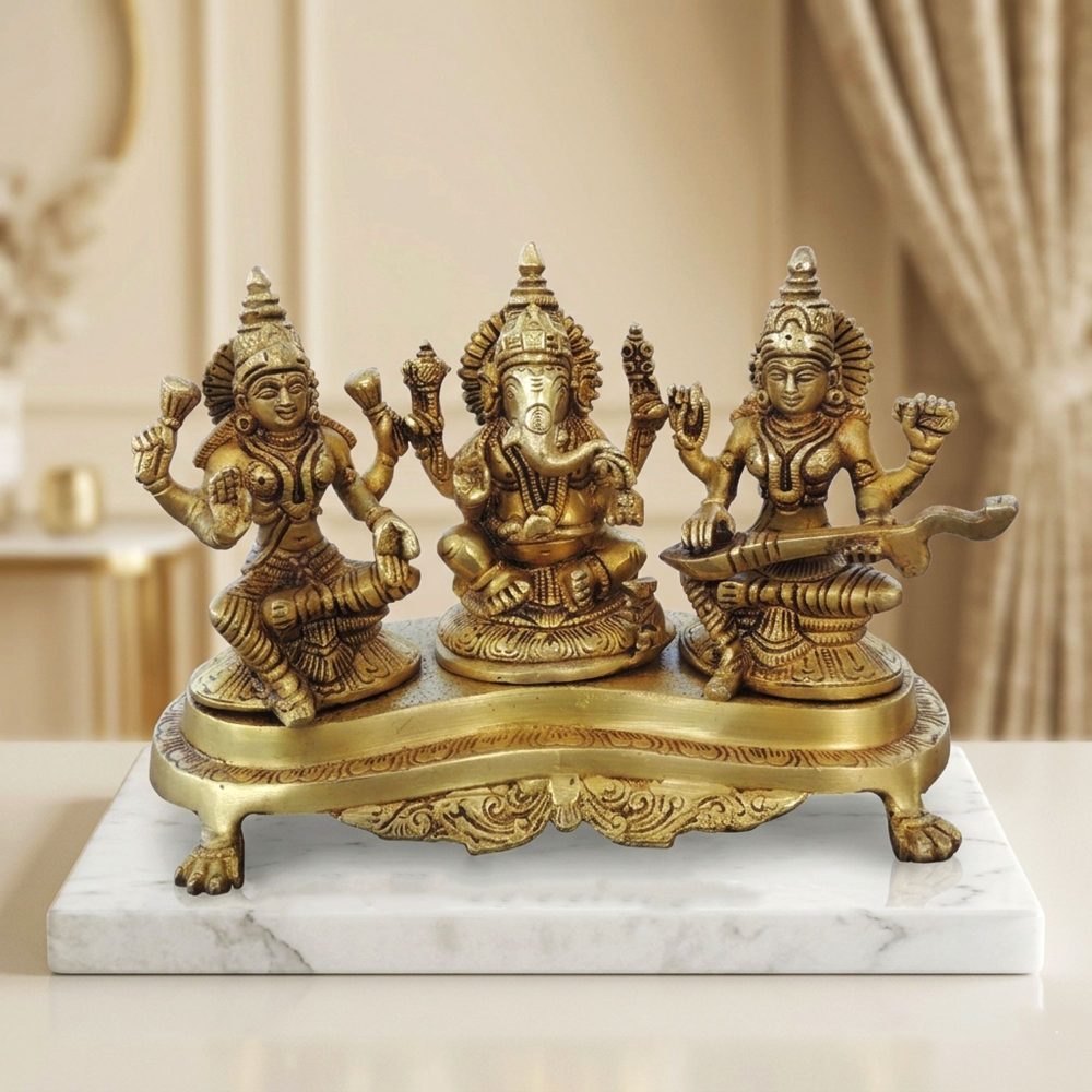 Laxmi Ganesh Saraswati Murti Pair in Brass (Lgs), 6.2 inch, brass, Vedikcraft Moradabad