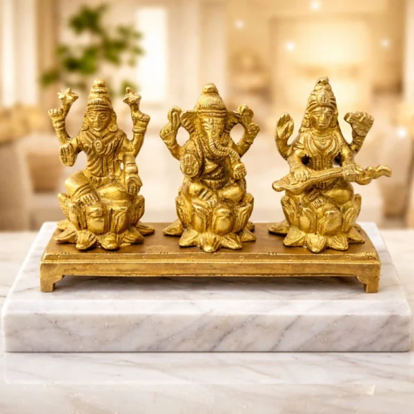 Laxmi Ganesh Saraswati Murti Pair in Brass (Lgs), 3.4 inch, brass, Vedikcraft Moradabad