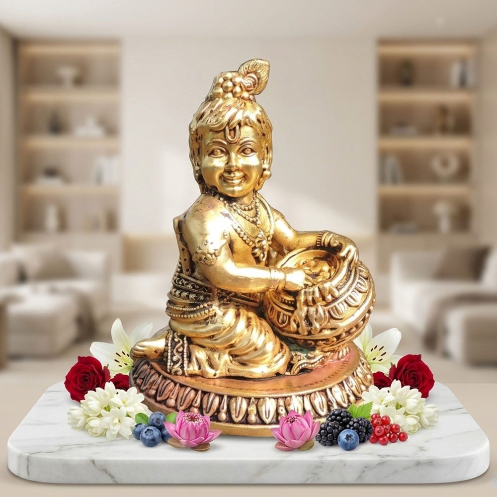 Laddu Gopal Idol in Brass (Makhan Krishna), 4.5 inch, brass, Vedikcraft Moradabad