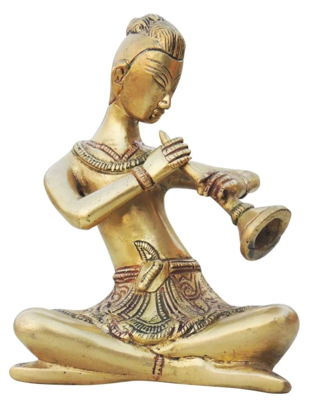 Brass Man With Muscial Instrument Figurine, 6 inch