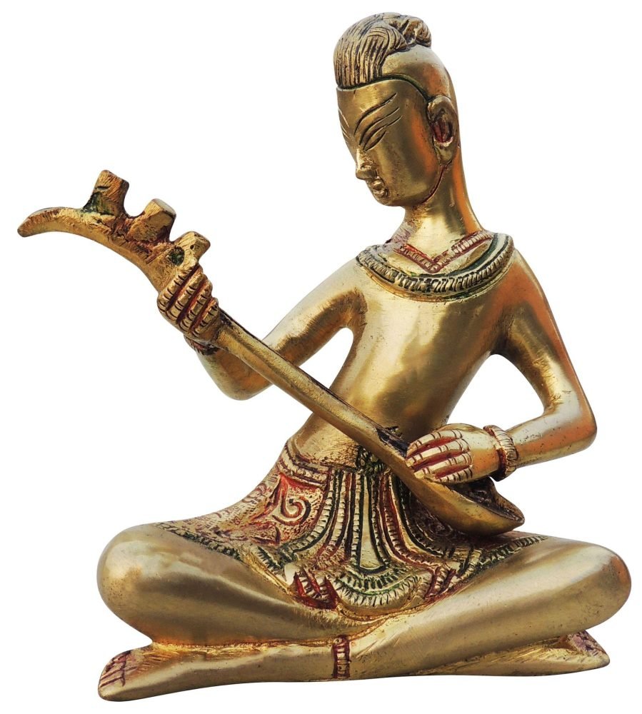 Brass Man With Muscial Instrument Figurine, 6.2 inch, brass, Vedikcraft Moradabad