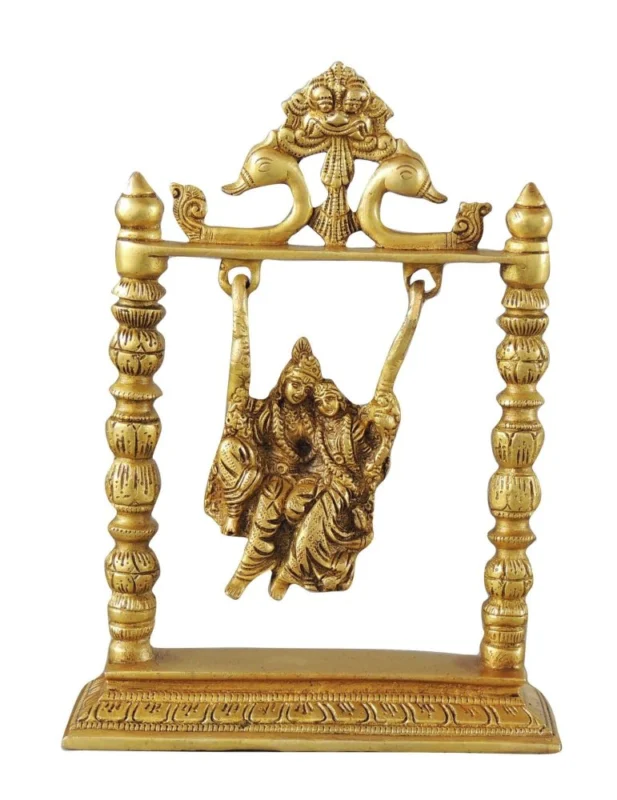 Radha Krishna Idol in Brass, on Jhula (Krishan), 10 inch