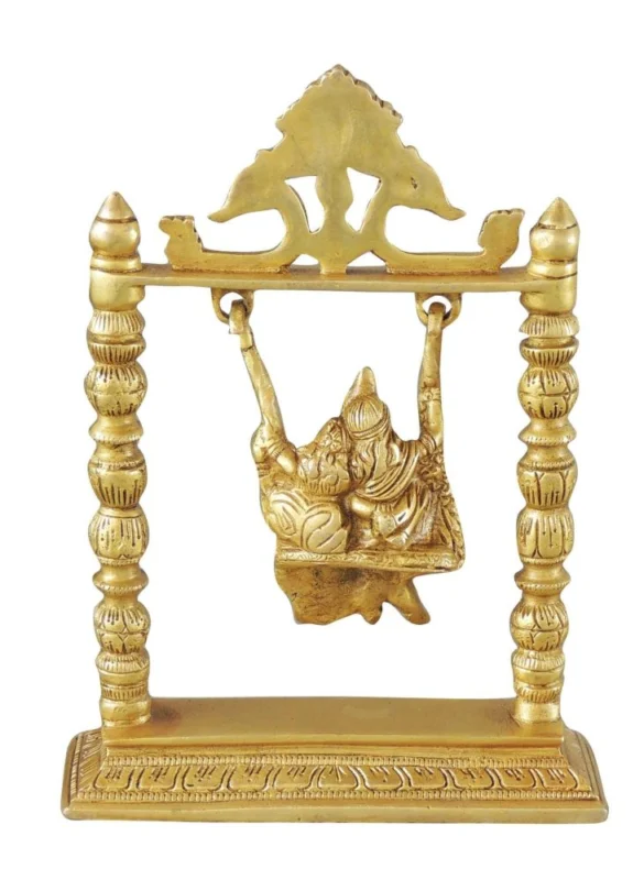 Radha Krishna Idol in Brass, on Jhula (Krishan), 10 inch