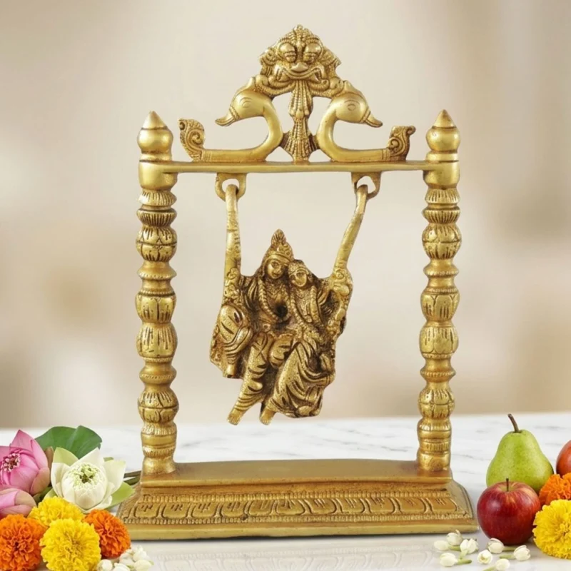 Radha Krishna Idol in Brass, on Jhula (Krishan), 10 inch – for Pooja Room