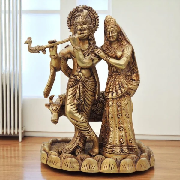 Krishna Ji with Cow Idol in Brass (Radha Krishan), 11 inch, brass, Vedikcraft Moradabad