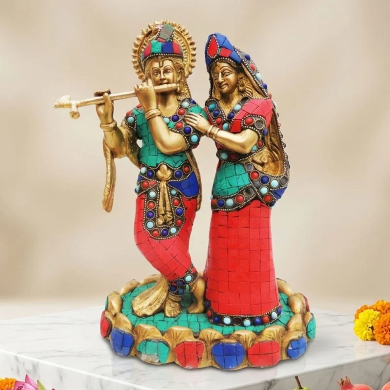 Radha Krishna Idol in Brass (Work), 11 inch – for Pooja Room