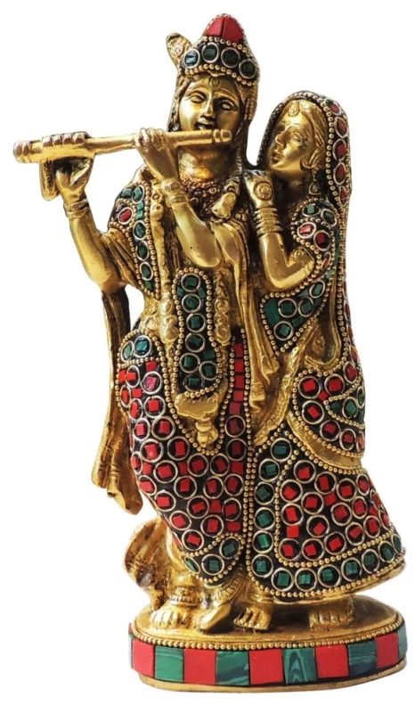 Radha Krishna Idol in Brass, 8.2 inch