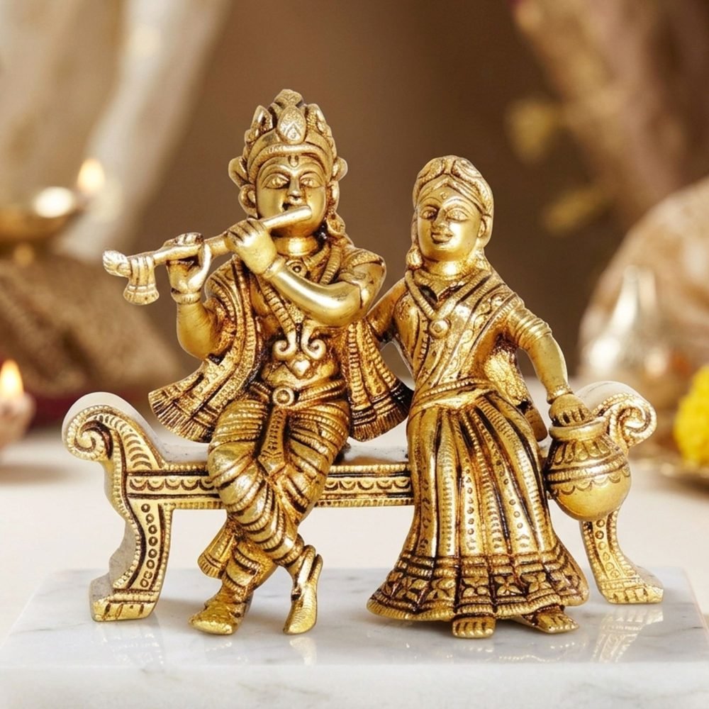 Radha Krishna Idol in Brass, 4 inch, brass, Vedikcraft Moradabad