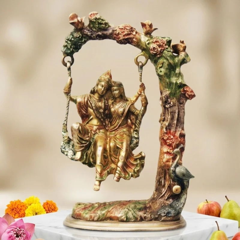 Radha Krishna Idol in Brass, on Jhula, 21 inch – for Temple and Entrance