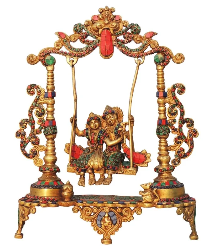 Radha Krishna Idol in Brass, on Jhula, 18.5 inch