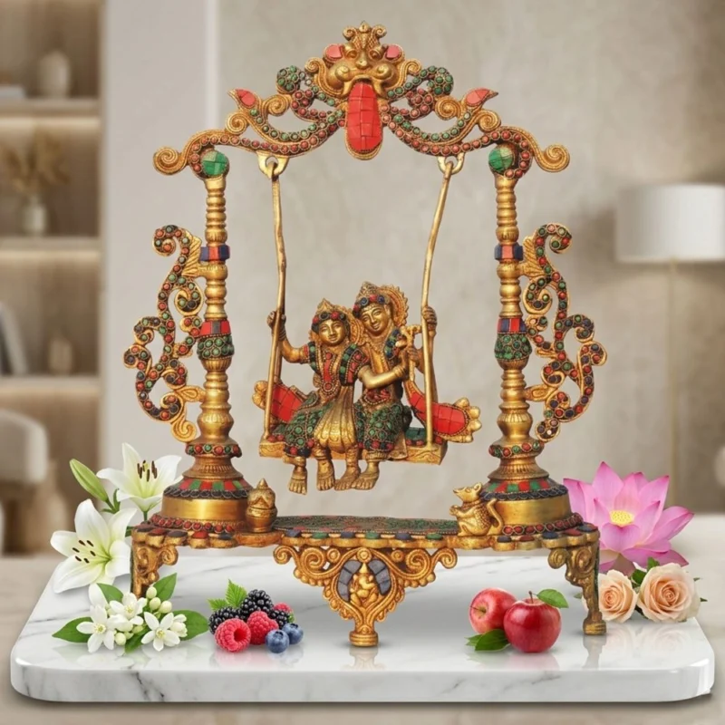 Radha Krishna Idol in Brass, on Jhula, 18.5 inch – for Temple and Entrance