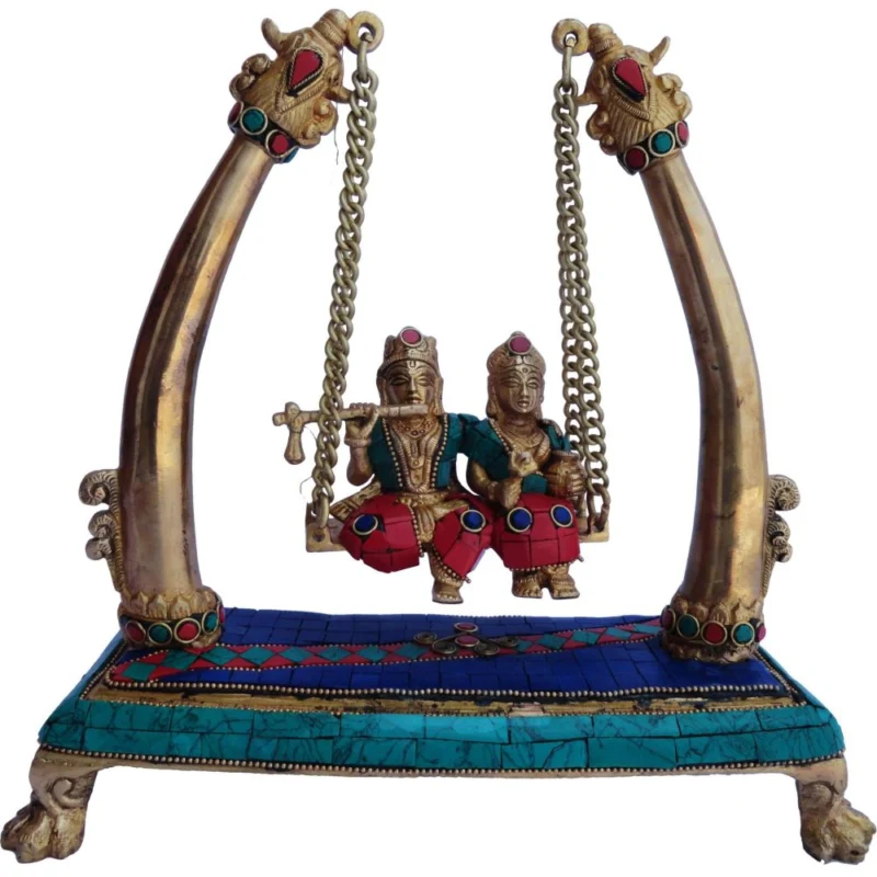 Radha Krishna Idol in Brass, on Jhula (Stonegod), 11 inch