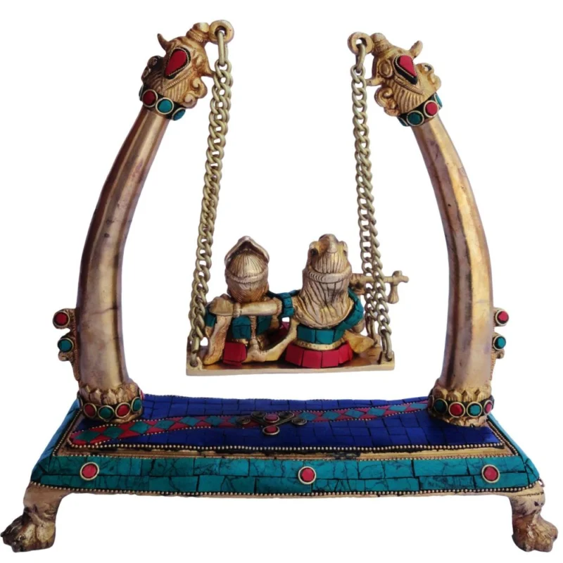 Radha Krishna Idol in Brass, on Jhula (Stonegod), 11 inch