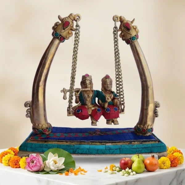 Radha Krishna Idol in Brass, on Jhula (Stonegod), 11 inch, brass, Vedikcraft Moradabad