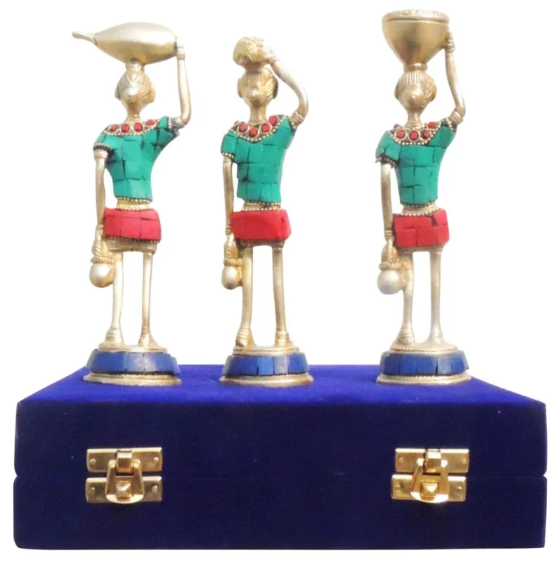Brass Rajasthani Musical of 3 Pcs. With Velvet Box Figurine, 7.2 inch