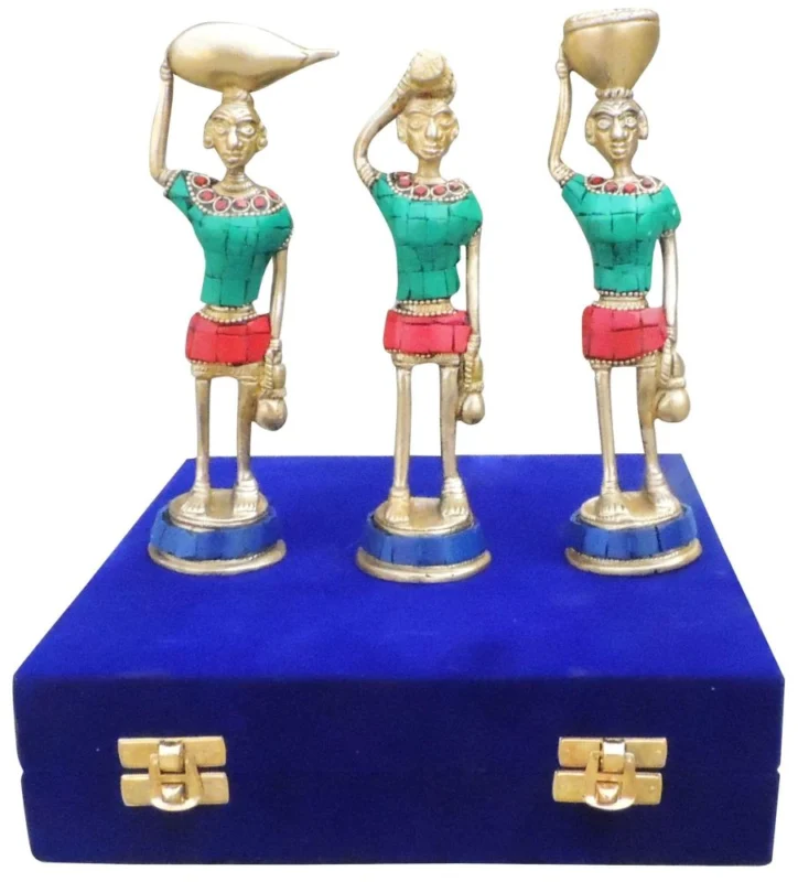 Brass Rajasthani Musical of 3 Pcs. With Velvet Box Figurine, 7.2 inch