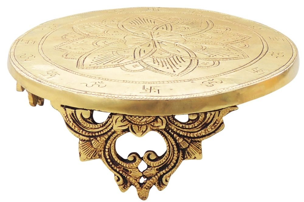 Brass Chowki for Pooja (Bajot) (Round), 9.5 inch, brass, Vedikcraft Moradabad