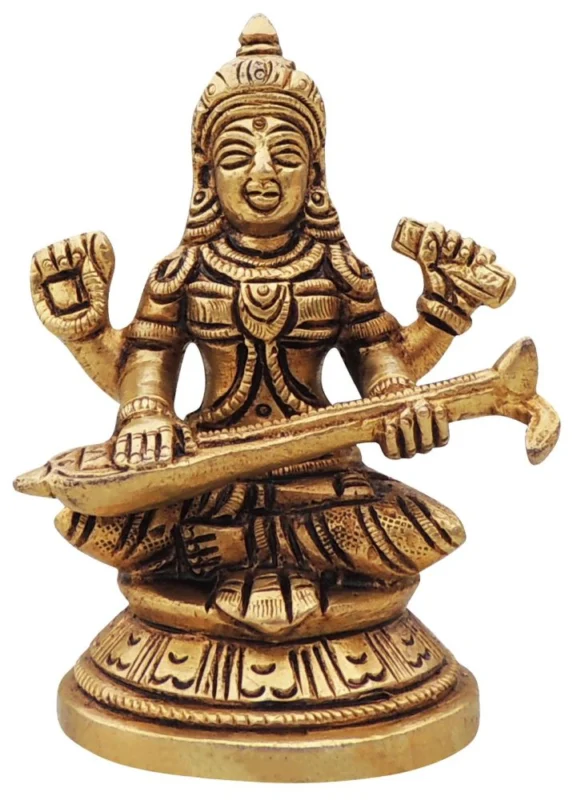 Saraswati Ji Idol in Brass, 3.5 inch, 390 g