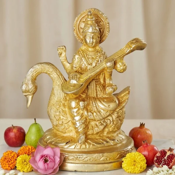 Saraswati Ji Idol in Brass, 4.8 inch, brass, Vedikcraft Moradabad
