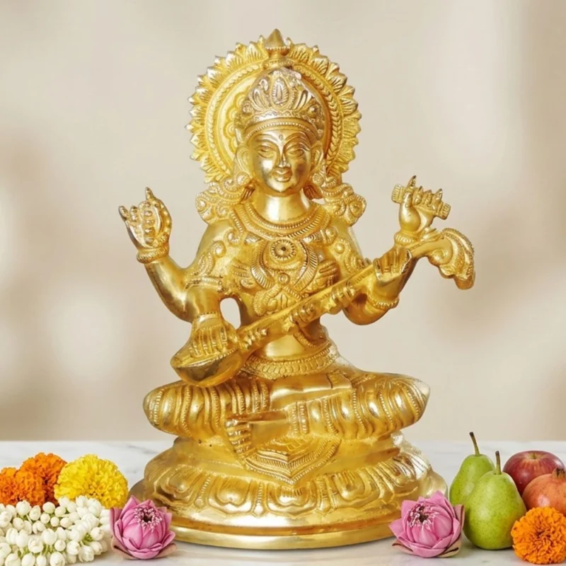 Saraswati Ji Idol in Brass, 8 inch – for Pooja Room