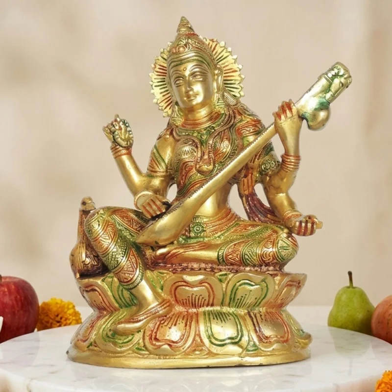 Saraswati Ji Idol in Brass, 9 inch – for Pooja Room