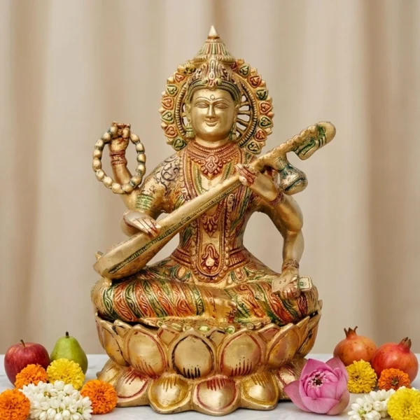 Saraswati Ji Idol in Brass, 11 inch, brass, Vedikcraft Moradabad