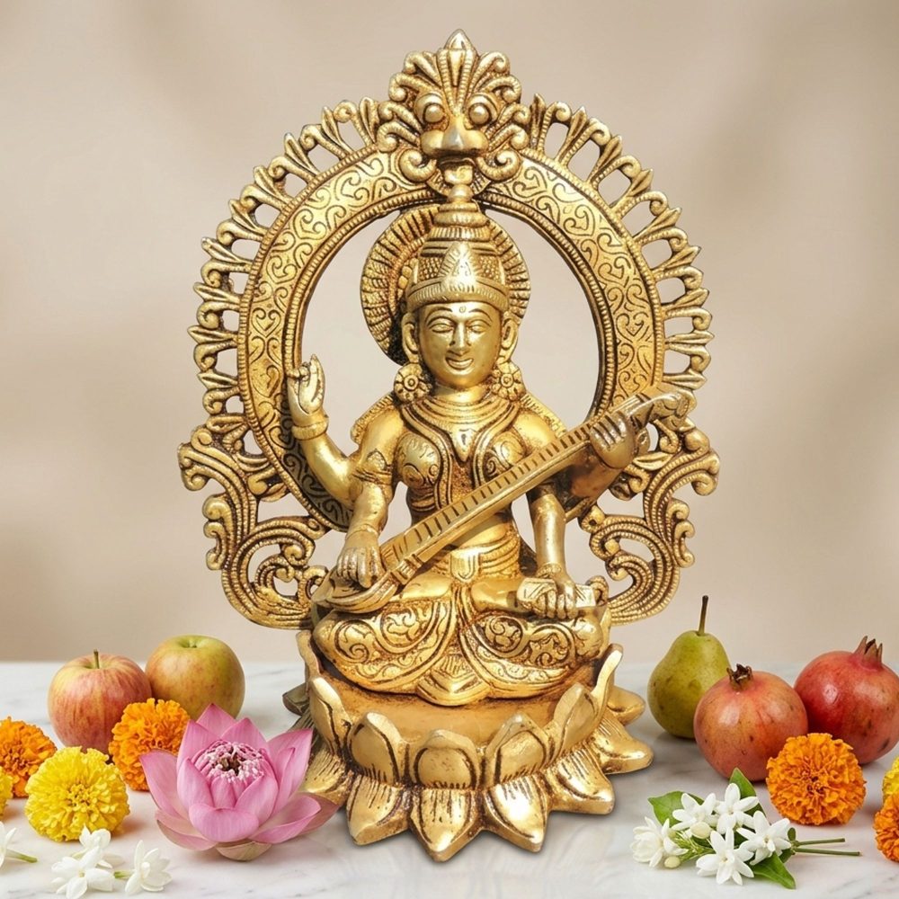 Saraswati Ji Idol in Brass, 9.2 inch, brass, Vedikcraft Moradabad