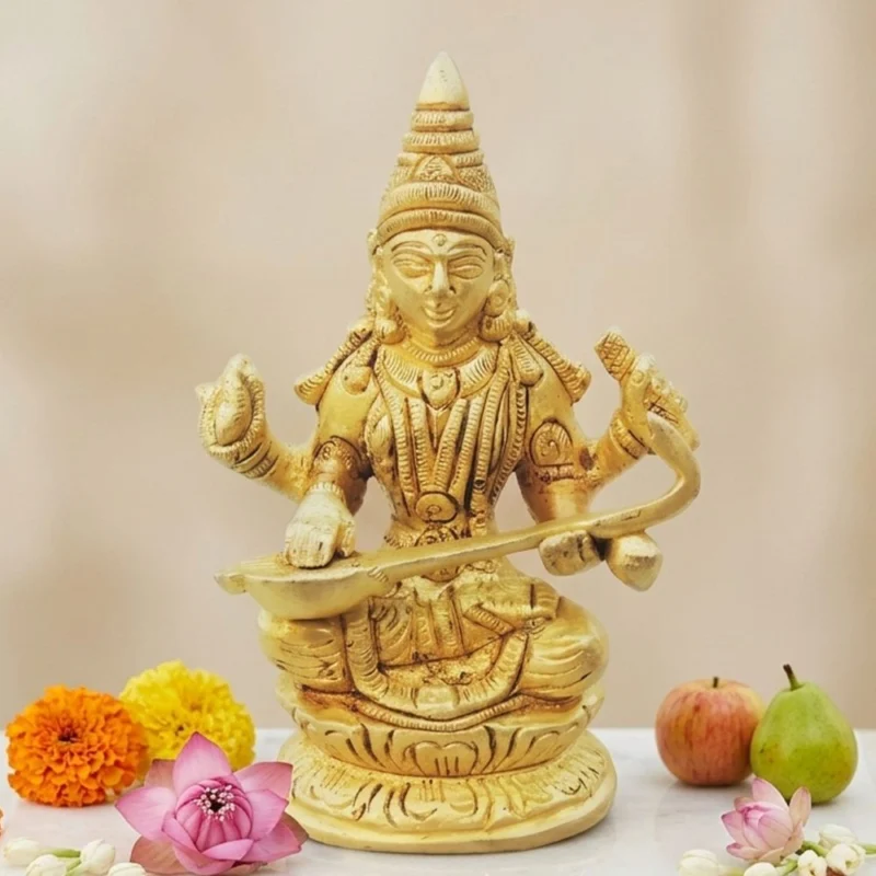Saraswati Ji Idol in Brass, 0.4 inch – for Desk and Car