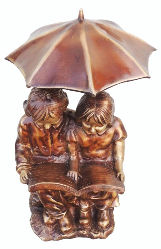 Brass Sitting Child With Umbrella Figurine, 20 inch