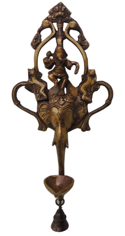 Brass Hanging Oil Lamp (Deepak) (Ganesh), 13.5 inch