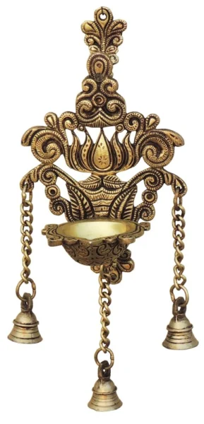 Brass Hanging Oil Lamp (Deepak), 12.5 inch, brass, Vedikcraft Moradabad
