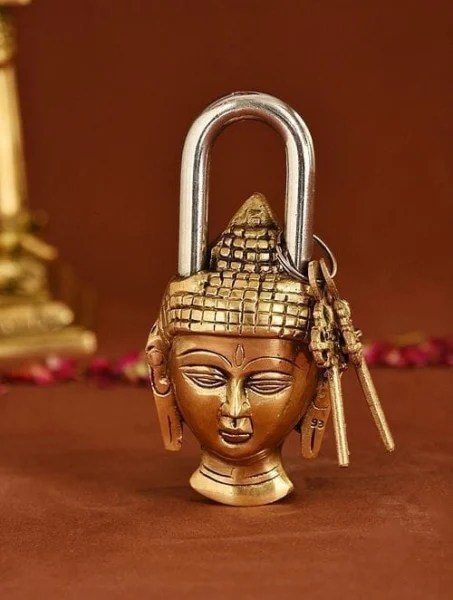 Brass & Buddha Shape Lock, 7 inch, brass, Vedikcraft Moradabad