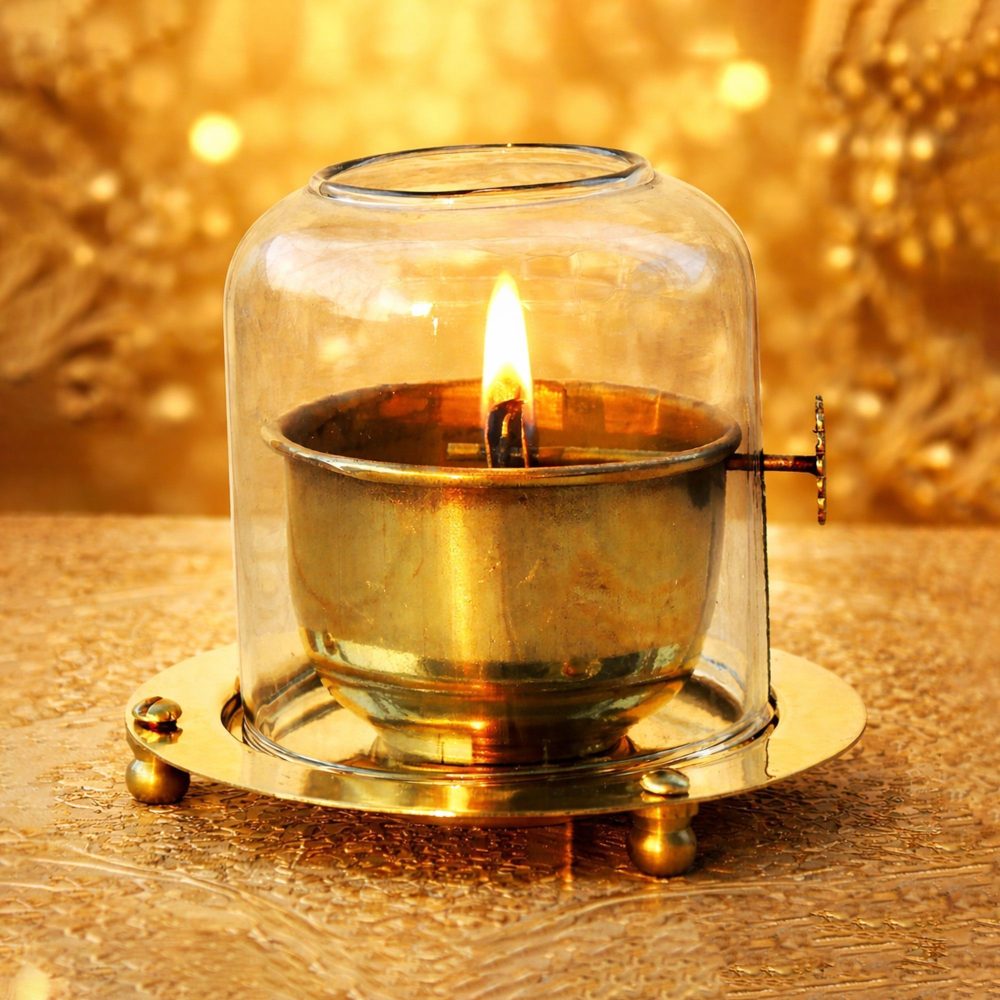 Brass Table Oil Lamp (Samai), 4 inch, 150 ml (Adjustale Wick), brass, Vedikcraft Moradabad