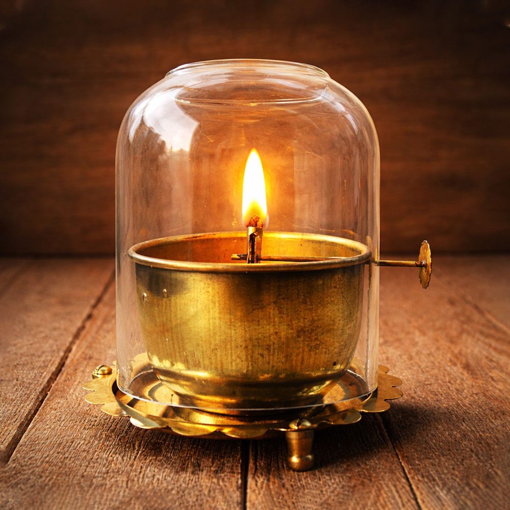 Brass Table Oil Lamp (Samai), 5.5 inch, 300 ml (Adjustale Wick), brass, Vedikcraft Moradabad