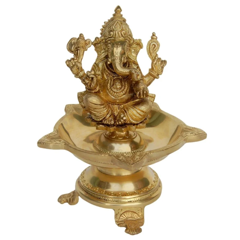 Brass Figure Oil Lamp (Deepak) (Ganesha Wicks), 8 inch