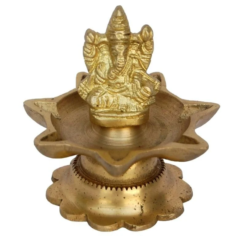 Brass Figure Oil Lamp (Deepak) (Ganesha Wicks), 3 inch