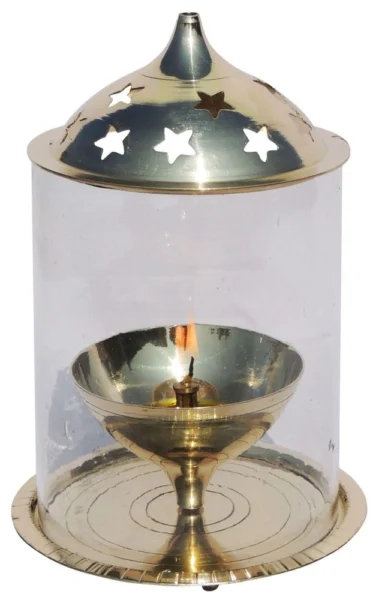 Brass Table Oil Lamp (Samai) (Chimney), 7.2 inch, brass, Vedikcraft Moradabad