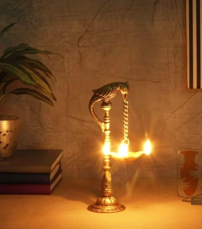 Brass Cock Oil Lamp (Deepak) (Murga), 6.3 inch