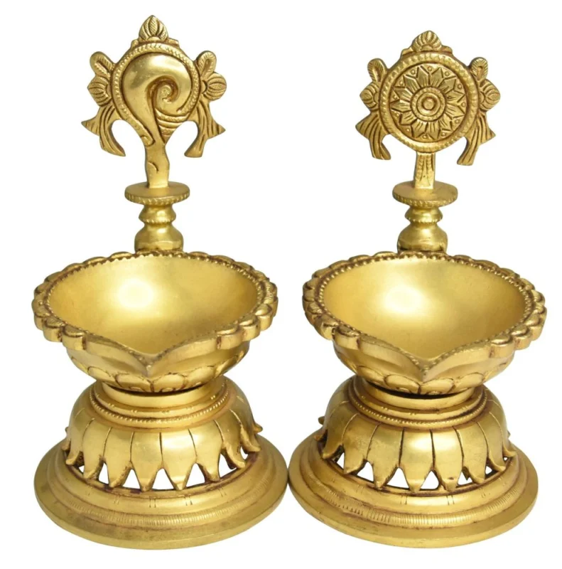 Brass Shankh Chakra Stand Diya (Deepak), 7 inch, design BS1503-H