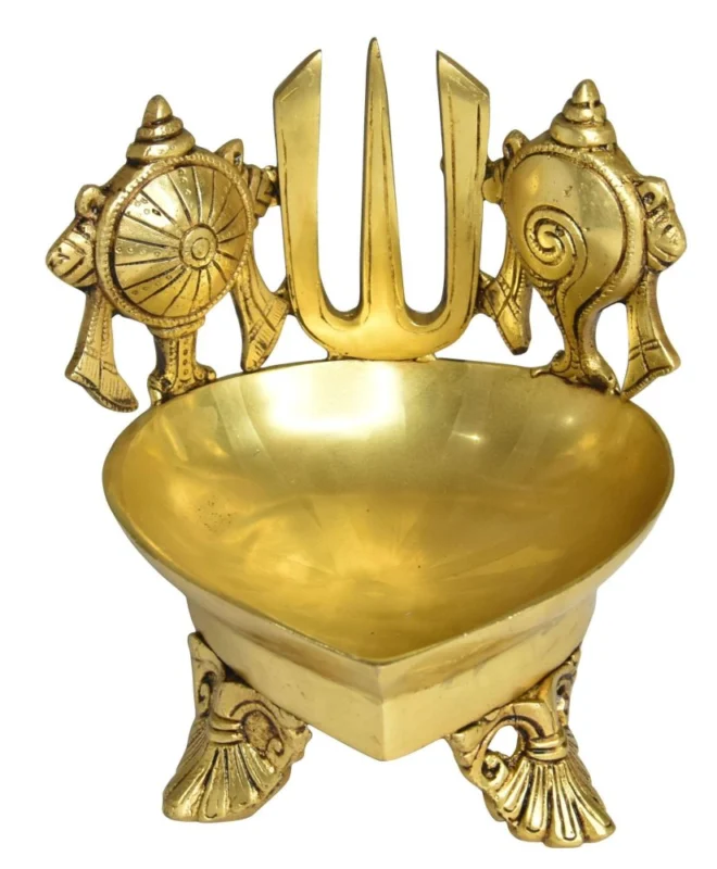 Brass Shankh Chakra Stand Diya (Deepak), 7 inch, design BS1503-G