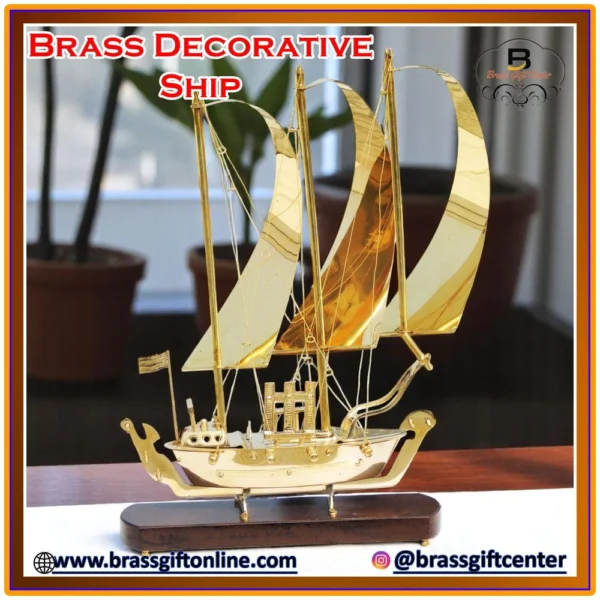 Brass Ship With Wooden Base, 19 inch, brass, Vedikcraft Moradabad