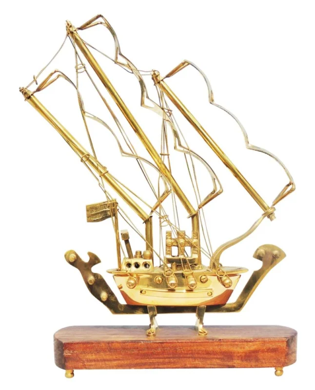 Brass Ship With Wooden Base, 12 inch, 1.05 kg – Antique Décor
