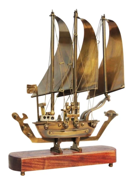 Brass Ship With Wooden Base, 12 inch, brass, Vedikcraft Moradabad