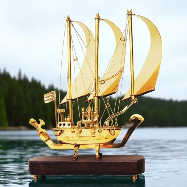 Brass Ship With Wooden Base, 11.8 inch, brass, Vedikcraft Moradabad