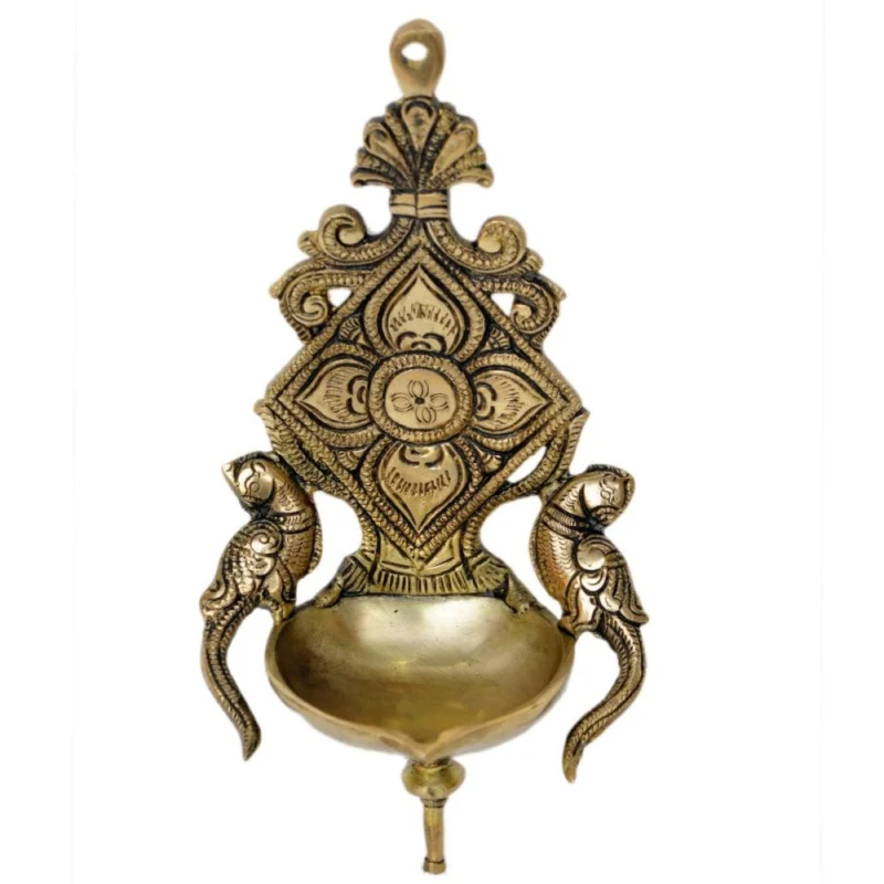 Brass Hanging Oil Lamp (Deepak) (Parrot), 8 inch