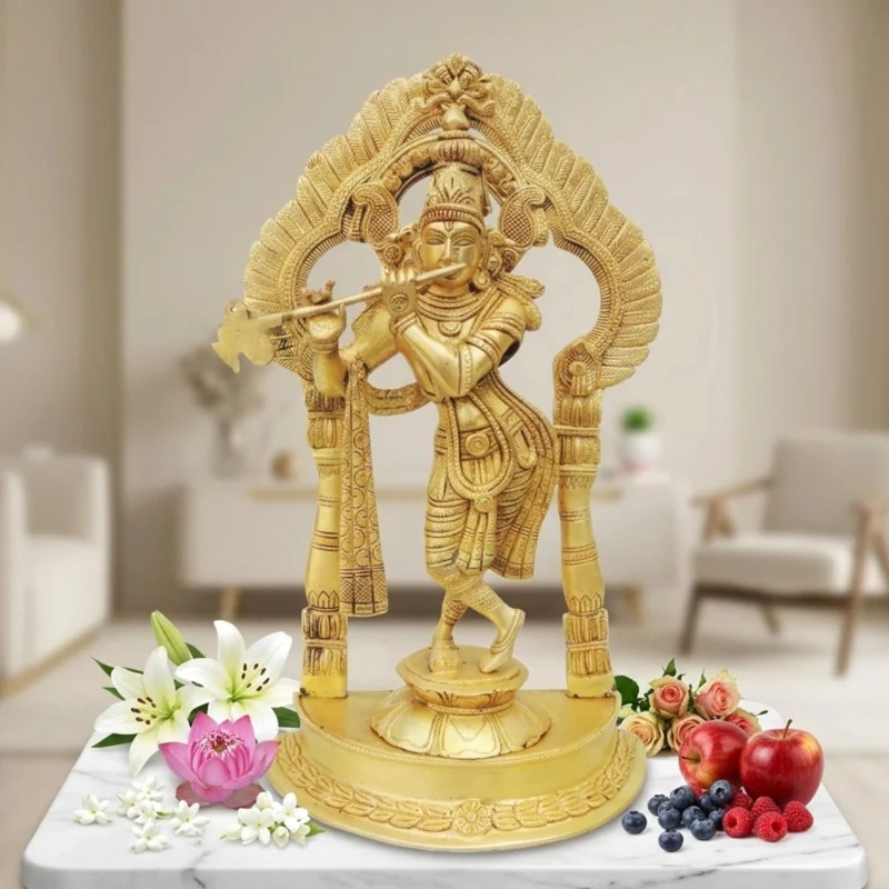 Krishna Ji with Flute Idol in Brass, Standing (Darbar), 14.5 inch, 5.13 kg – for Pooja Room