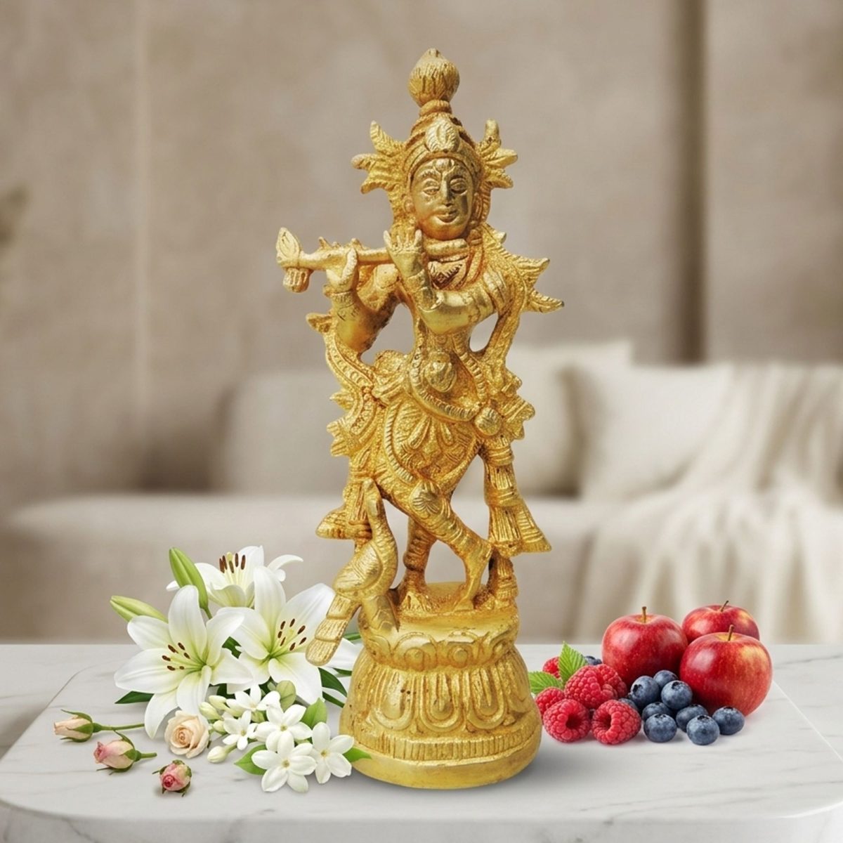 Krishna Ji with Flute Idol in Brass (Normal), 7 inch, brass, Vedikcraft Moradabad