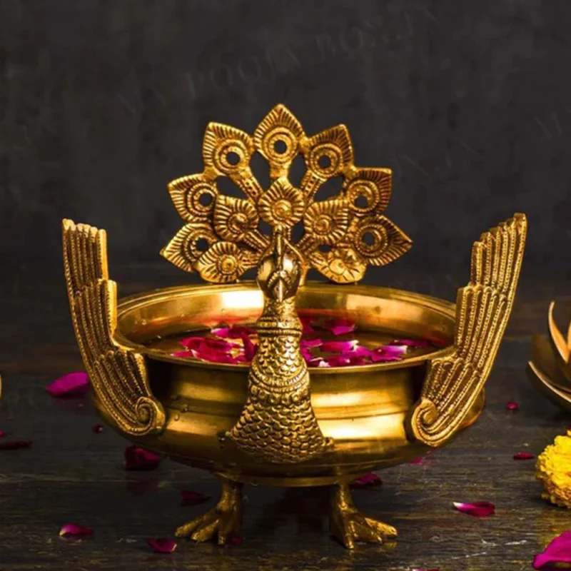 Brass Urli Bowl for Floating Flowers (Festive Decoration Carved), 9 inch